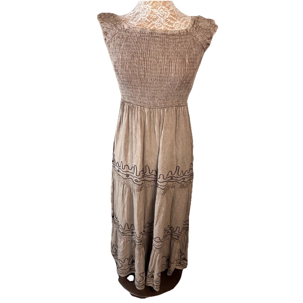 NWT Kiwi & Punch Smocked Tiered Embroidery Maxi Dress L Boho Cowgirl Tan Western